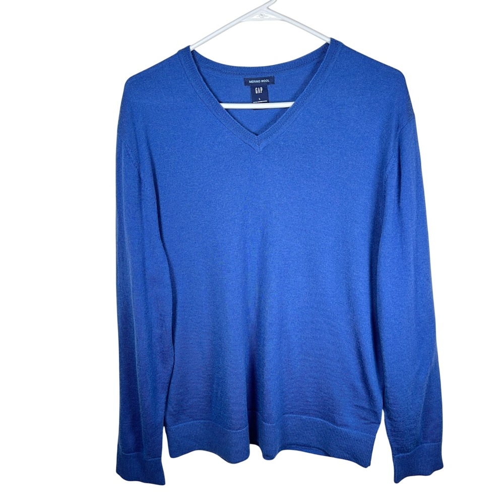 Y2K‎ GAP Men's Blue 100% Merino Wool Classic V-Neck Long Sleeve Sweater Size L